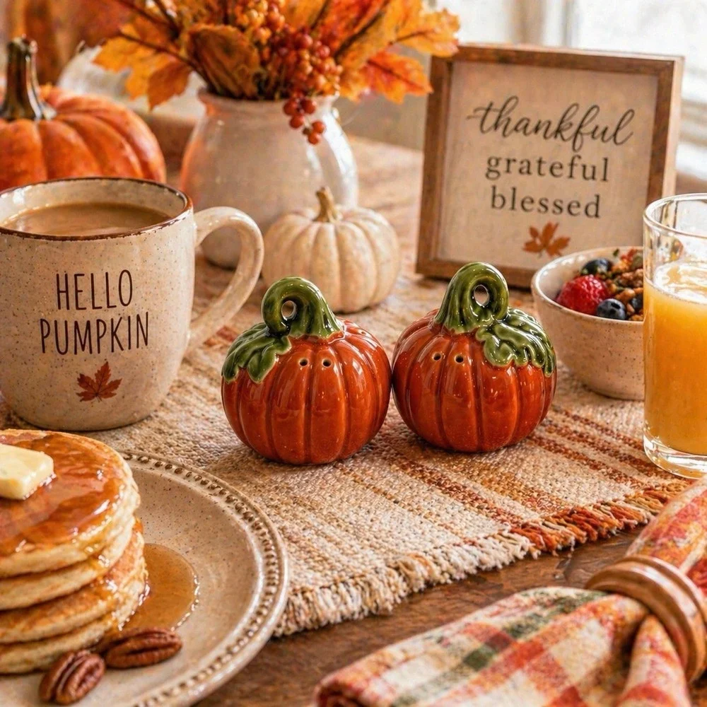 Ceramic Pumpkins Salt‎ And Pepper Shaker Set Thanksgiving Kitchen Fall Decor
